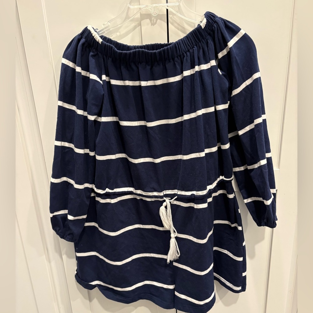 Pink Lily Medium Romper Nautical navy white stripe tassel tie wide neck